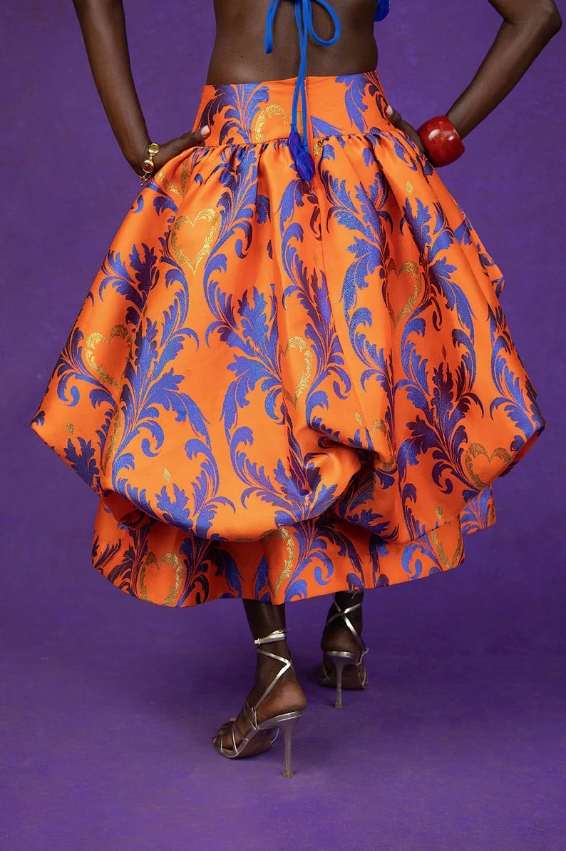 Adeola Printed Brocade Bubble  Skirt - Orange - Image 3