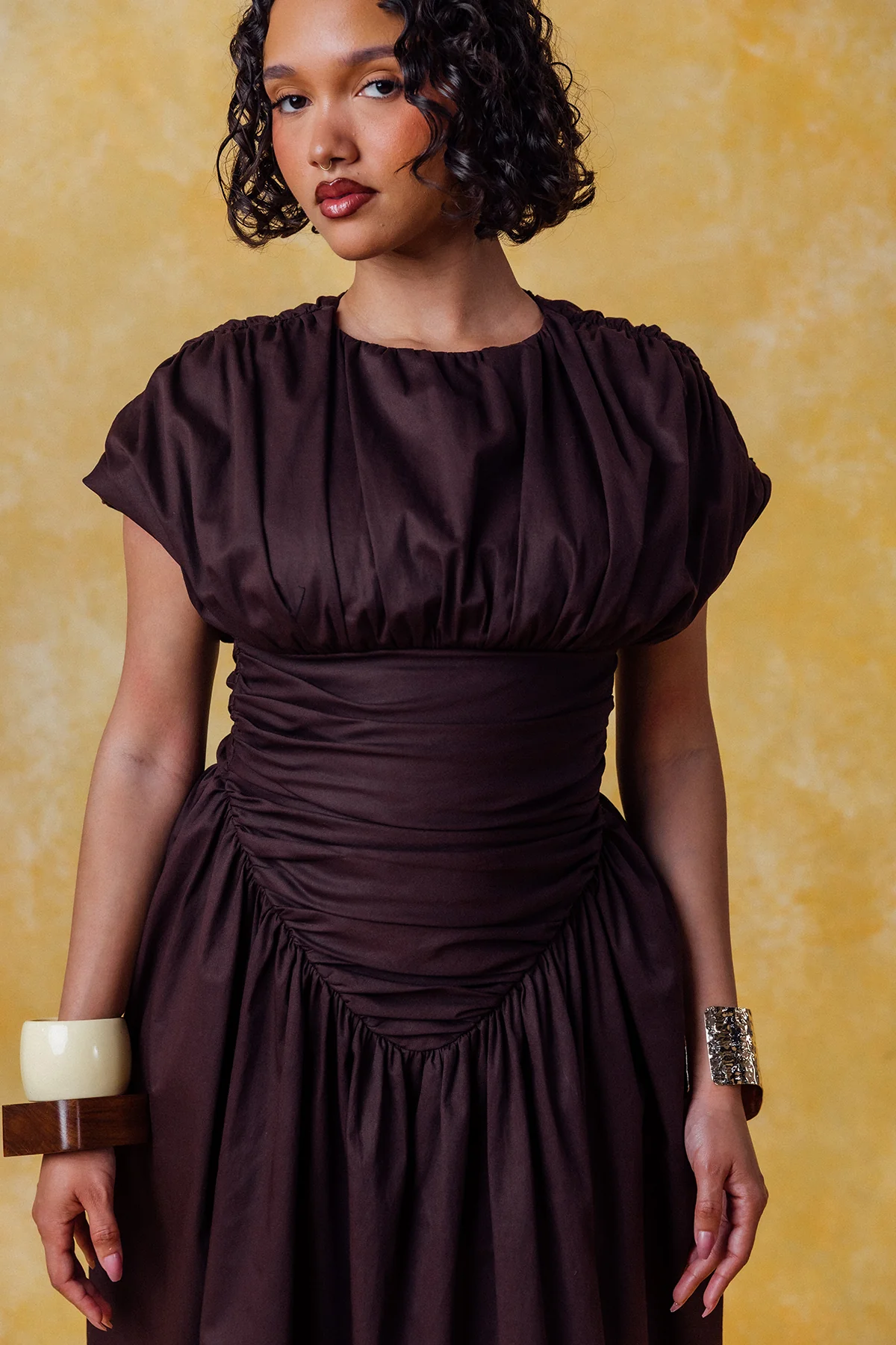 Adesuwa Ruched Cotton Long Dress  - Chocolate Brown - Image 3
