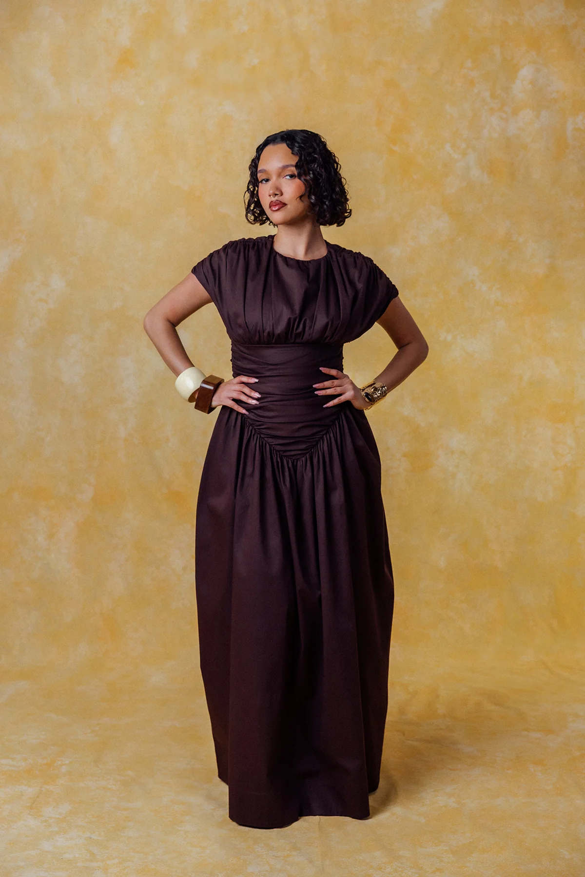 Adesuwa Ruched Cotton Long Dress  - Chocolate Brown - Image 4