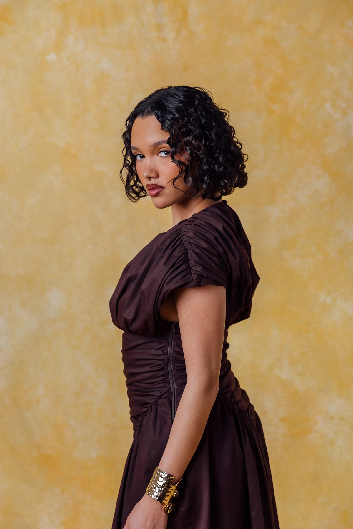 Adesuwa Ruched Cotton Long Dress  - Chocolate Brown - Image 5