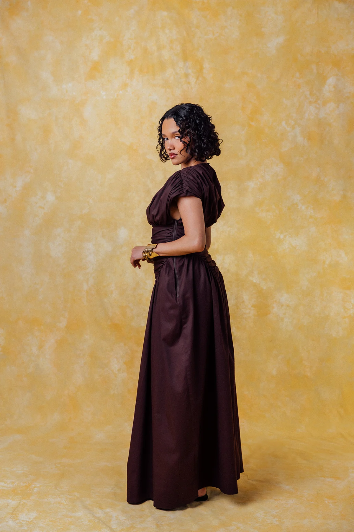 Adesuwa Ruched Cotton Long Dress  - Chocolate Brown - Image 6