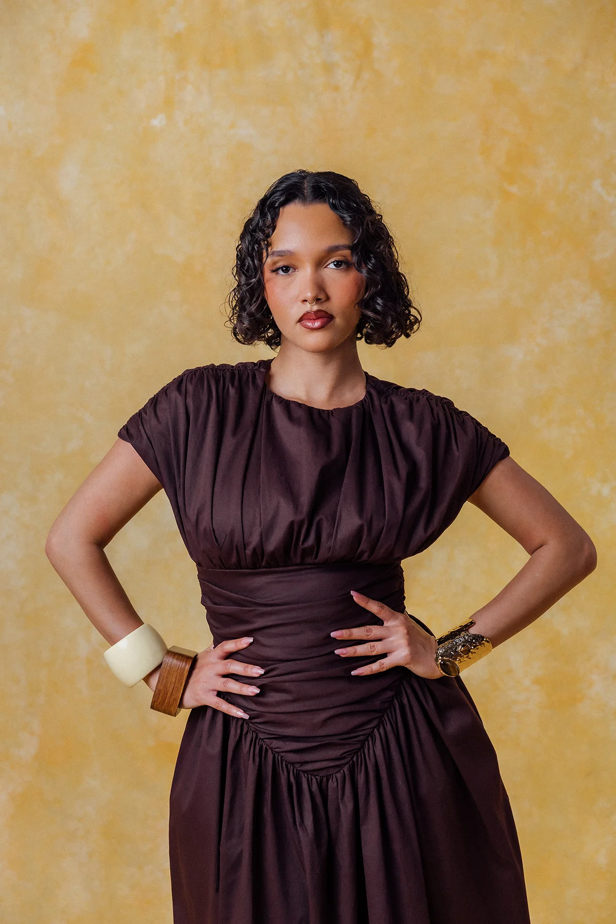 Adesuwa Ruched Cotton Long Dress  - Chocolate Brown - Image 7