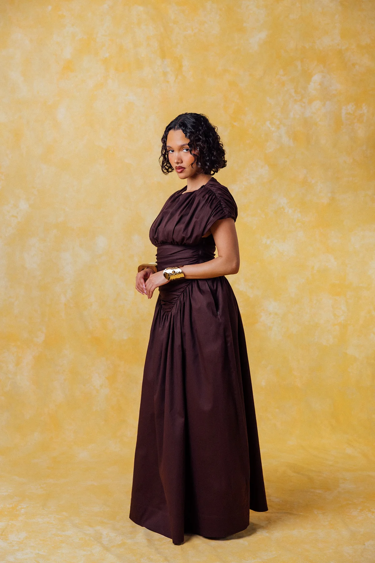 Adesuwa Ruched Cotton Long Dress  - Chocolate Brown - Image 8