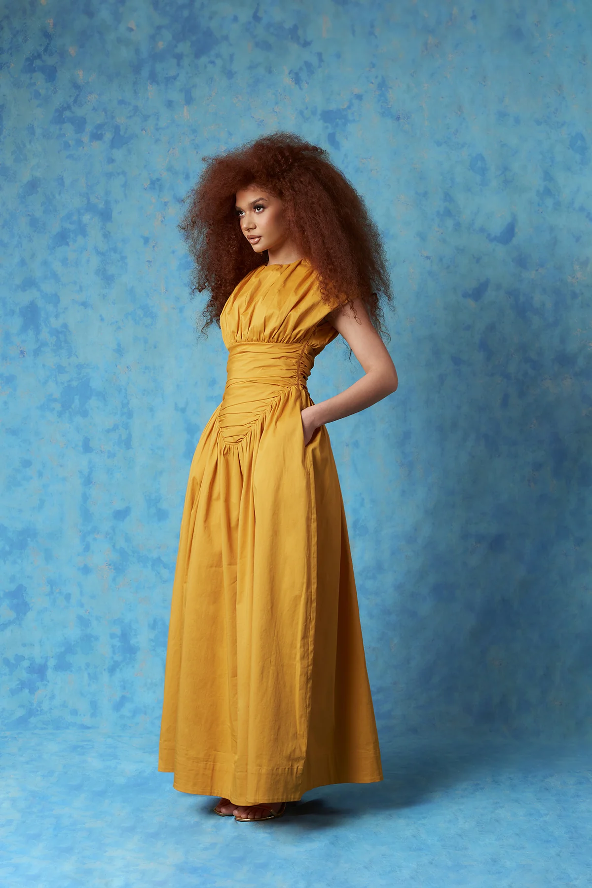 Adesuwa Ruched Cotton Long Dress - Yellow Ochre - Image 5