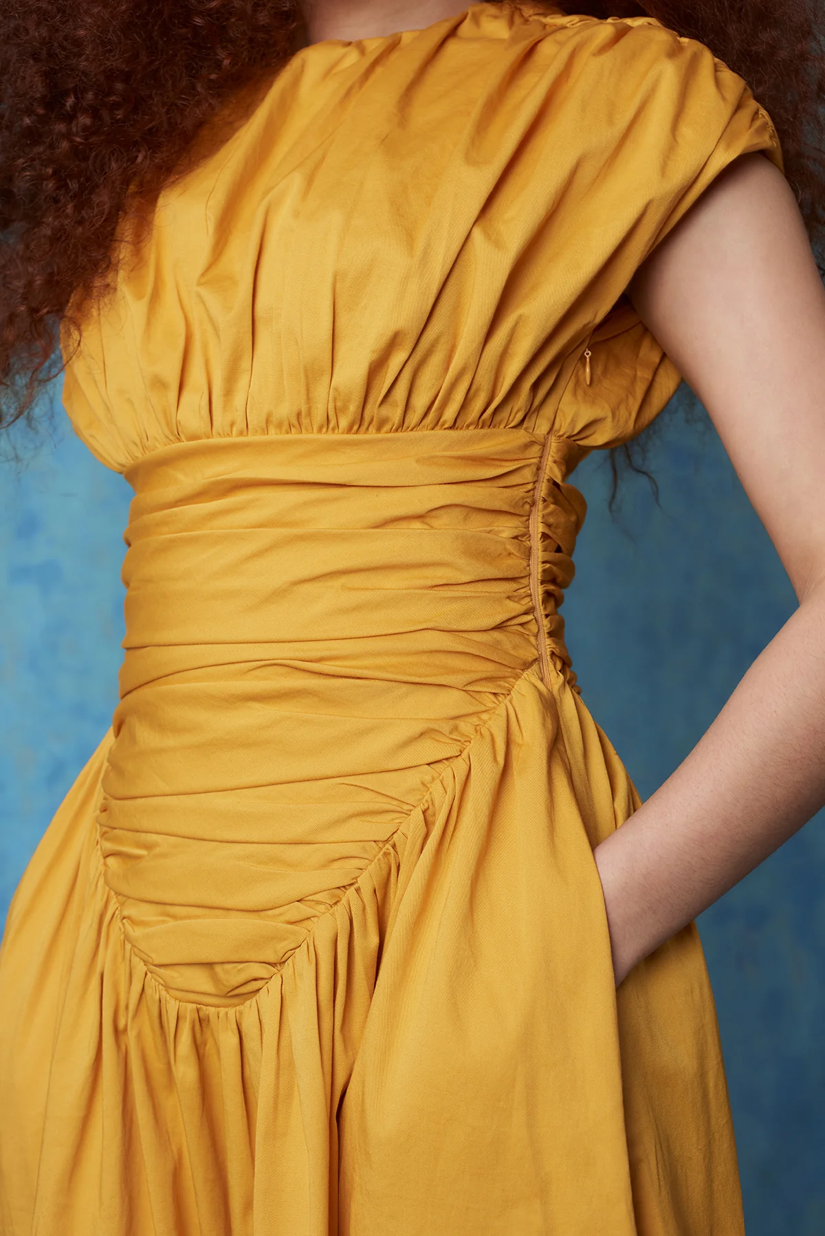 Adesuwa Ruched Cotton Long Dress - Yellow Ochre - Image 7