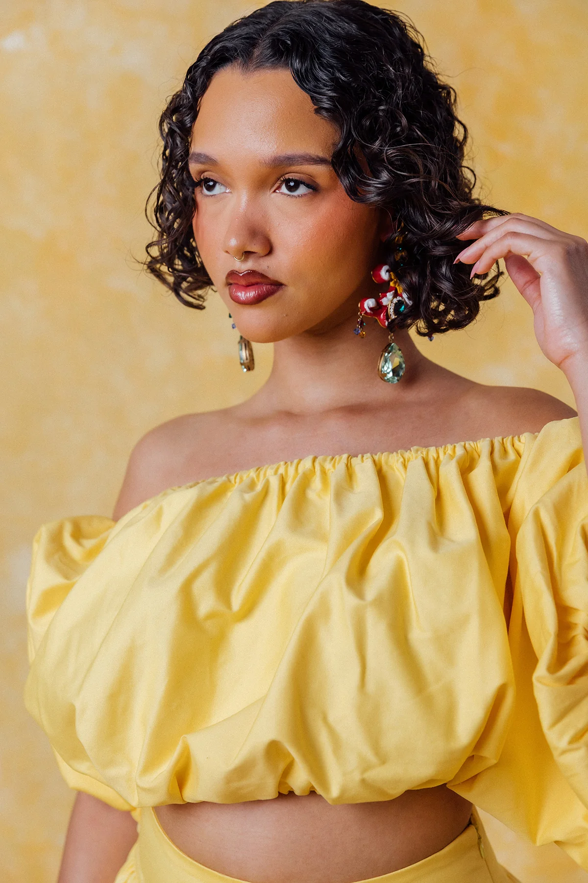 Amaya Puff Gathered Cropped Cotton Top - Yellow - Image 3