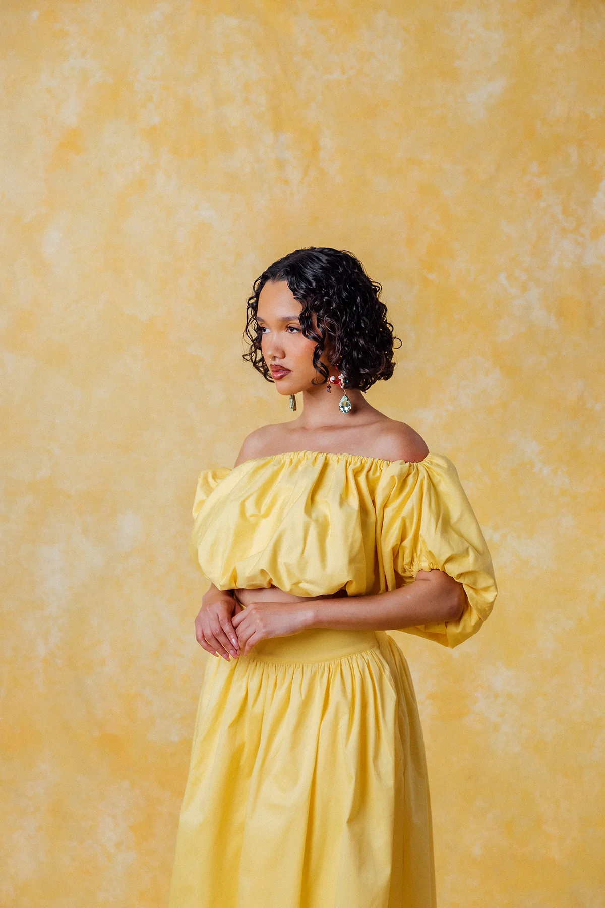 Amaya Puff Gathered Cropped Cotton Top - Yellow - Image 4