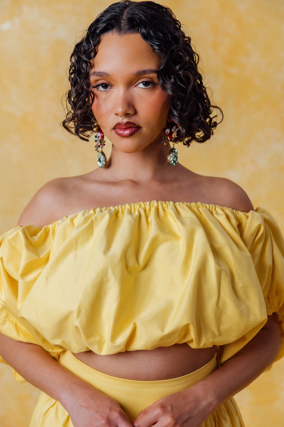 Amaya Puff Gathered Cropped Cotton Top - Yellow - Image 5