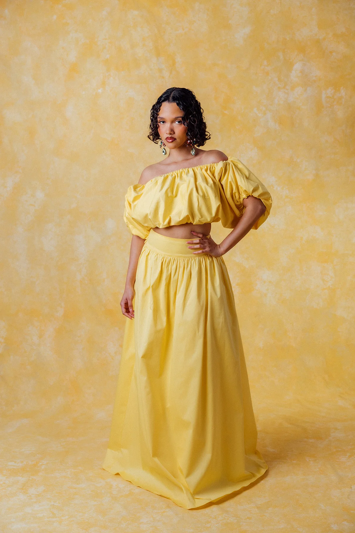 Amaya Puff Gathered Cropped Cotton Top - Yellow - Image 6