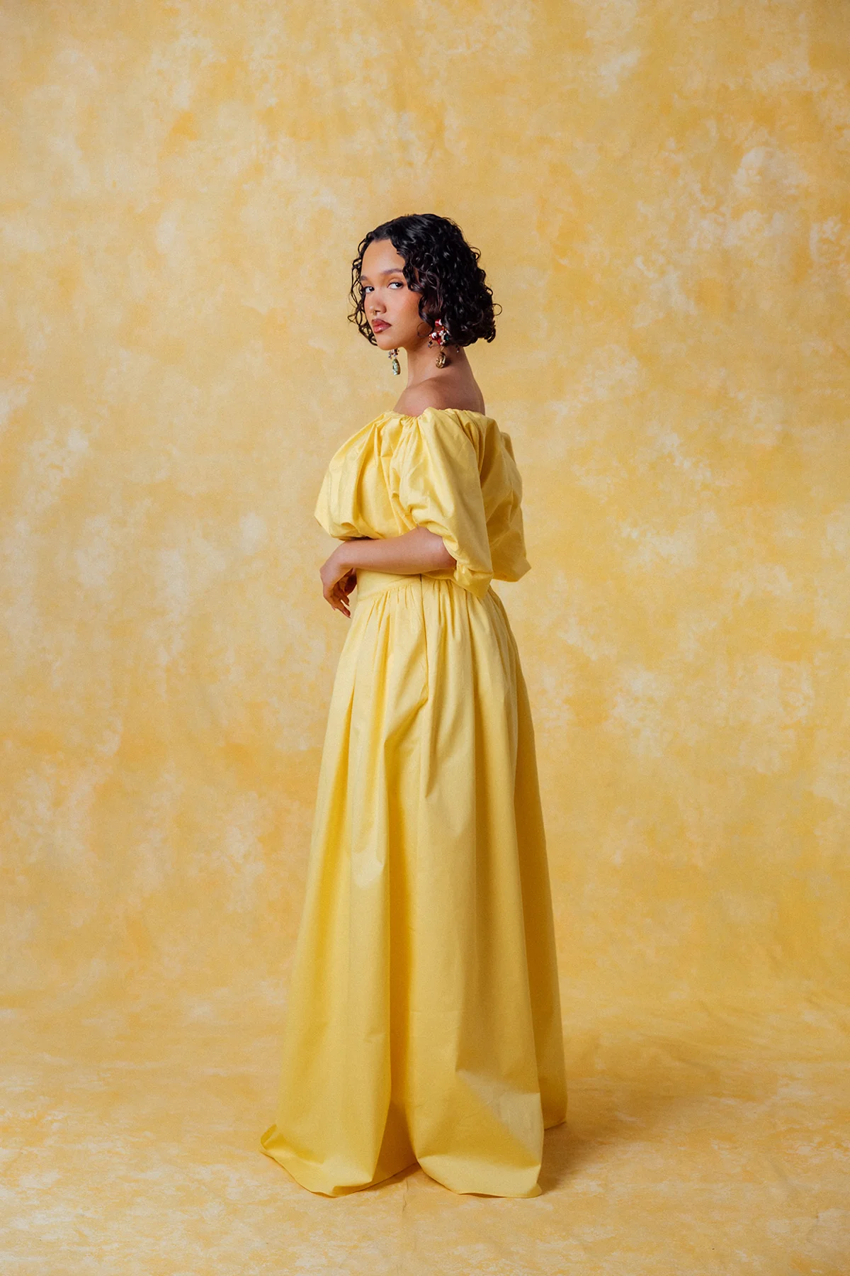 Amaya Puff Gathered Cropped Cotton Top - Yellow - Image 8