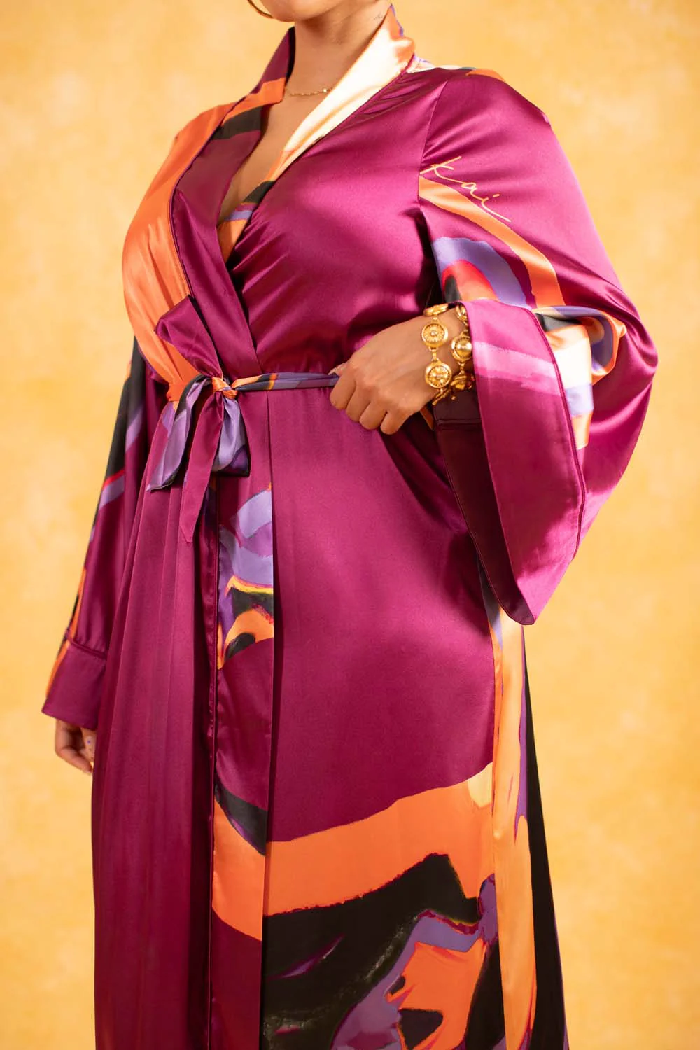 Anaya Silky Satin Printed Robe - Isimi Print - Magenta - Image 3