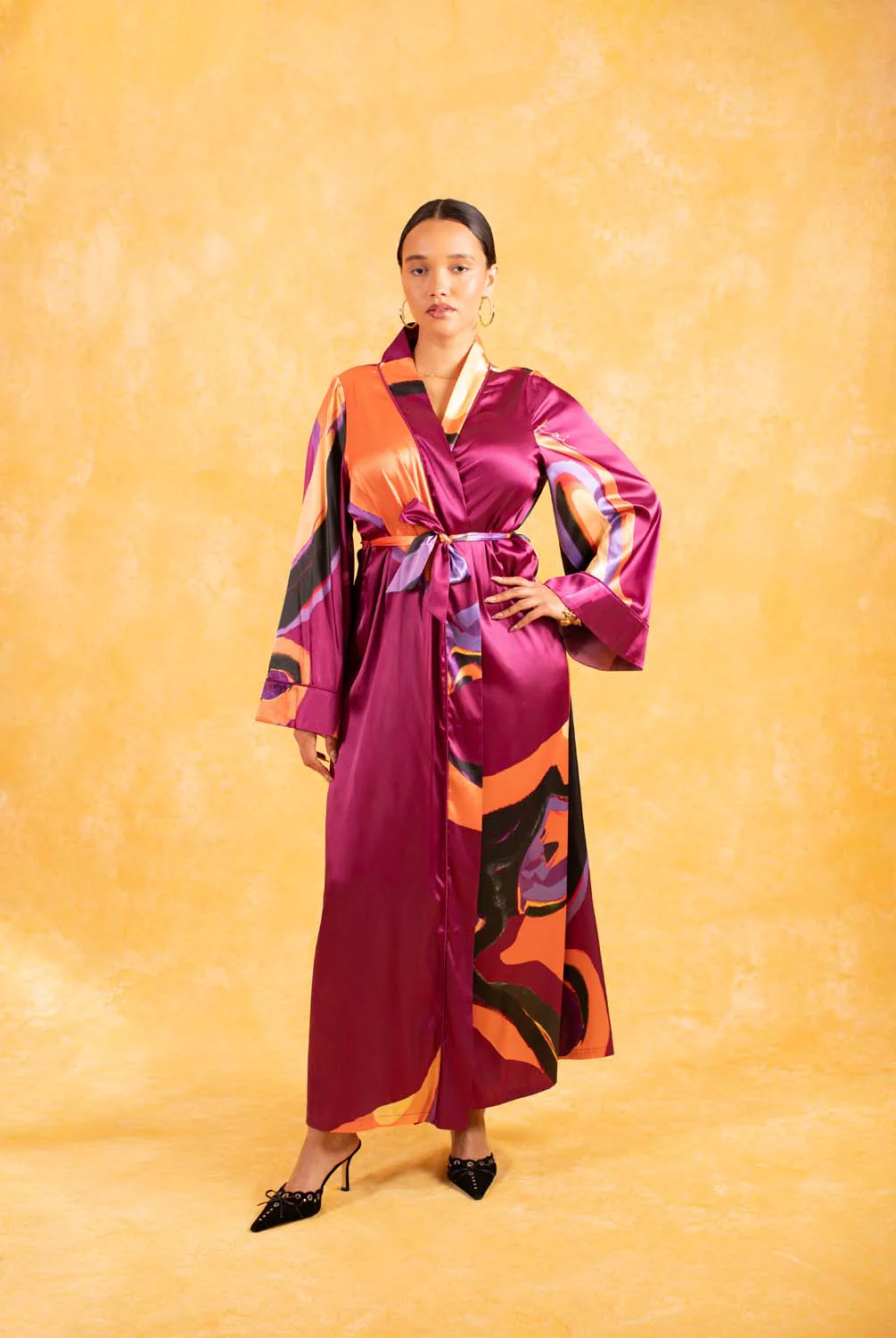 Anaya Silky Satin Printed Robe - Isimi Print - Magenta - Image 6