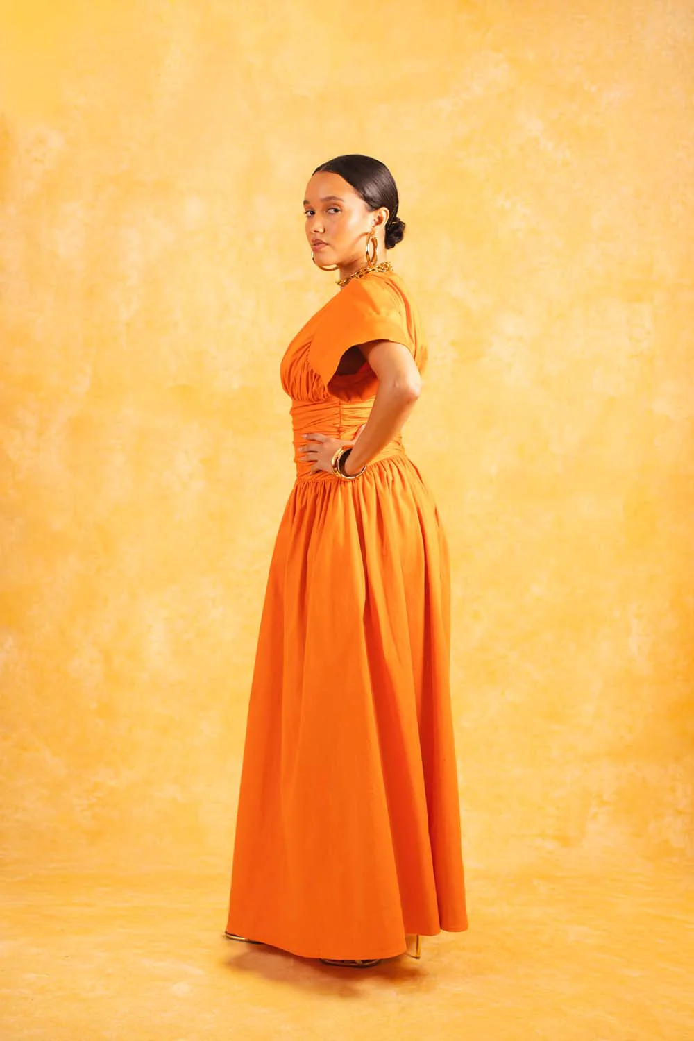 Cleo Plunge Ruched Cotton Dress - Tangerine - Image 3
