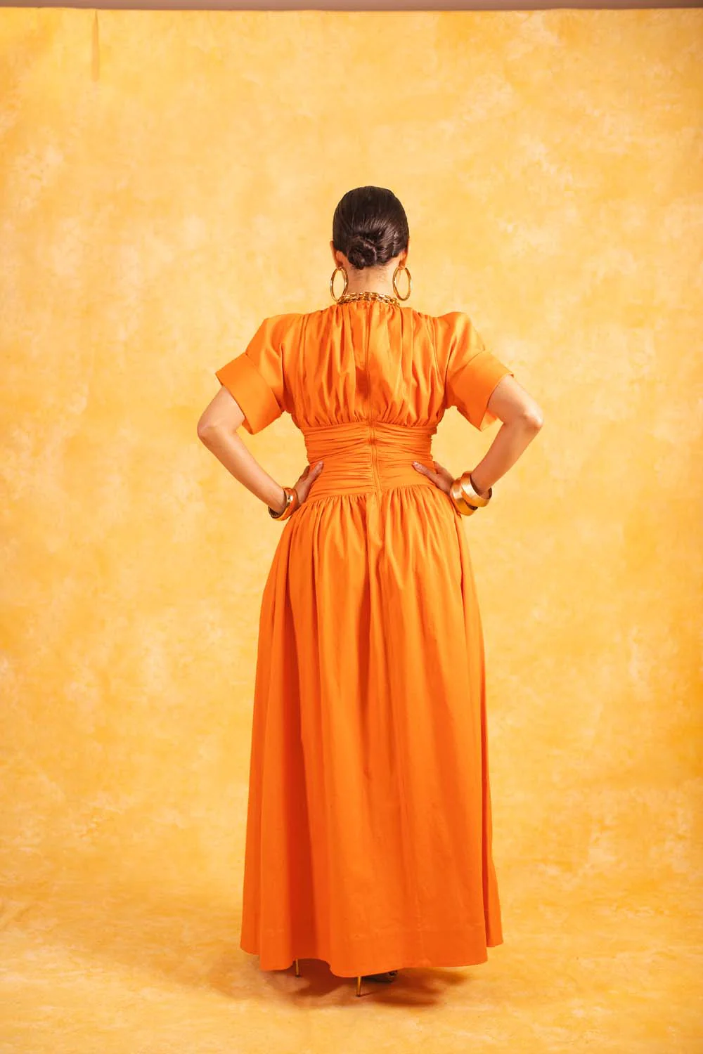 Cleo Plunge Ruched Cotton Dress - Tangerine - Image 4