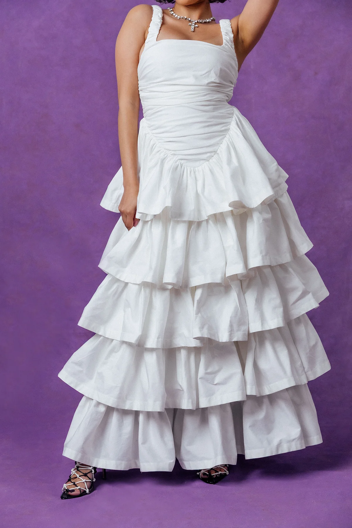 Colette Ruched Ruffle Cotton Layered Dress - White - Image 4