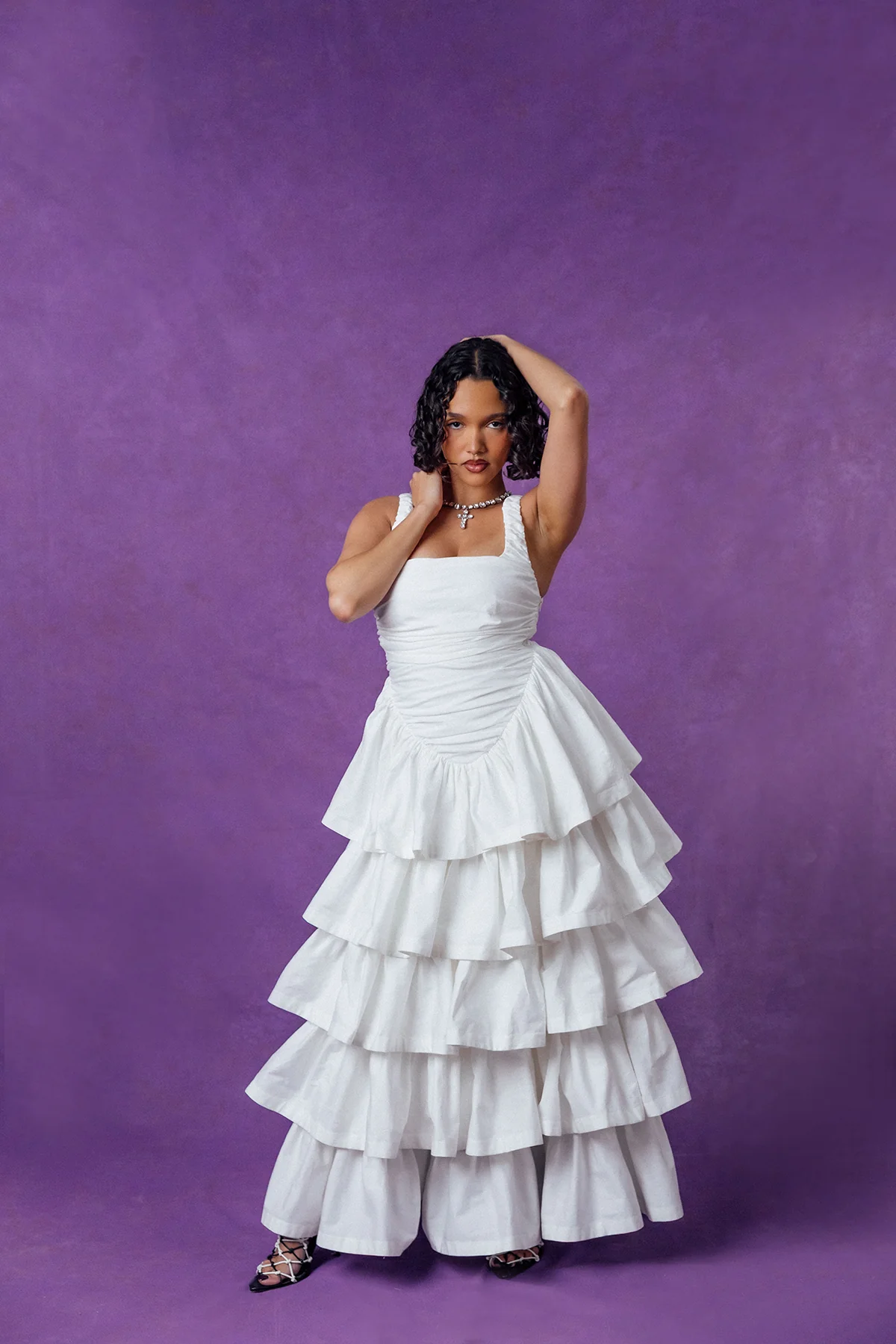 Colette Ruched Ruffle Cotton Layered Dress - White - Image 5