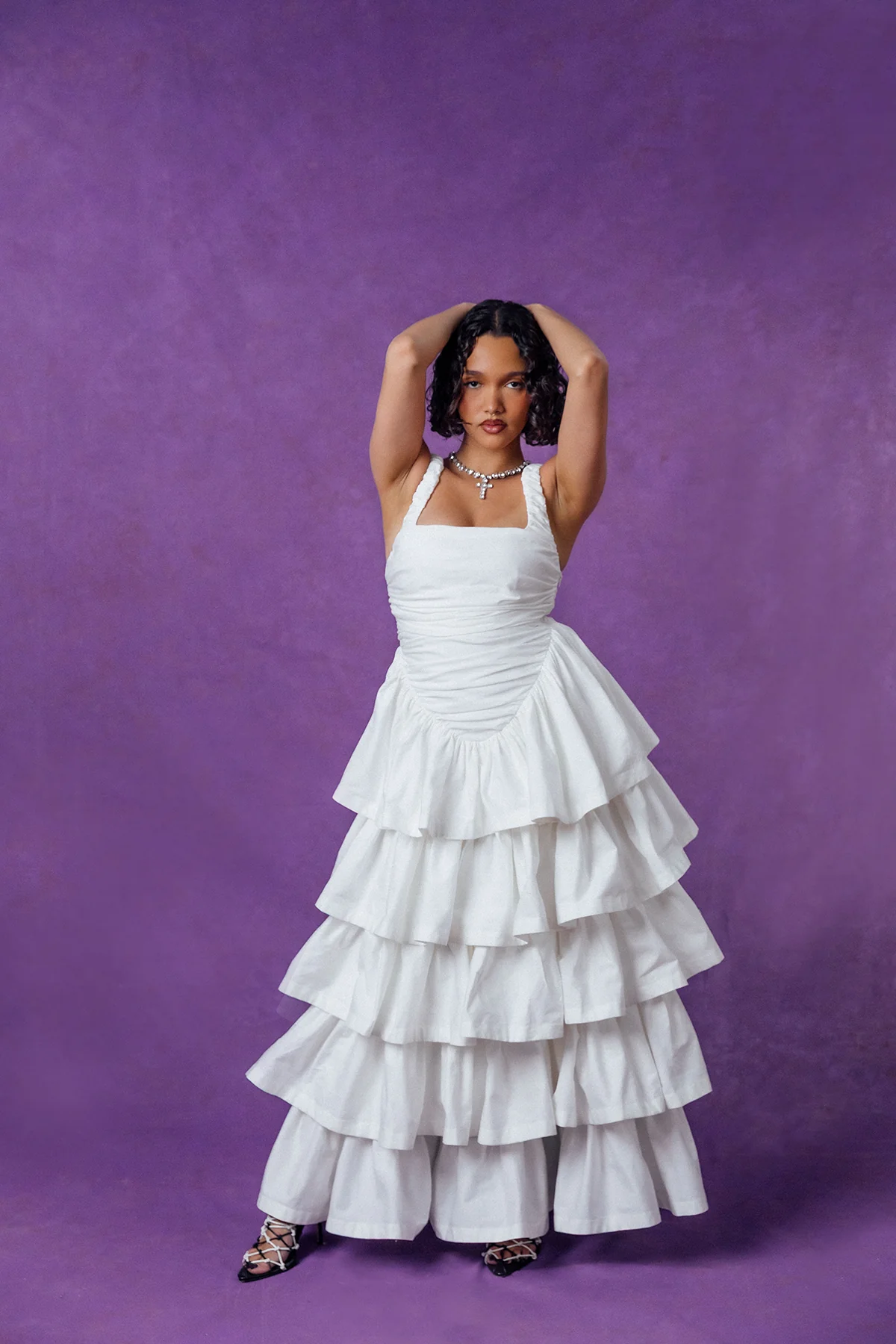 Colette Ruched Ruffle Cotton Layered Dress - White - Image 9