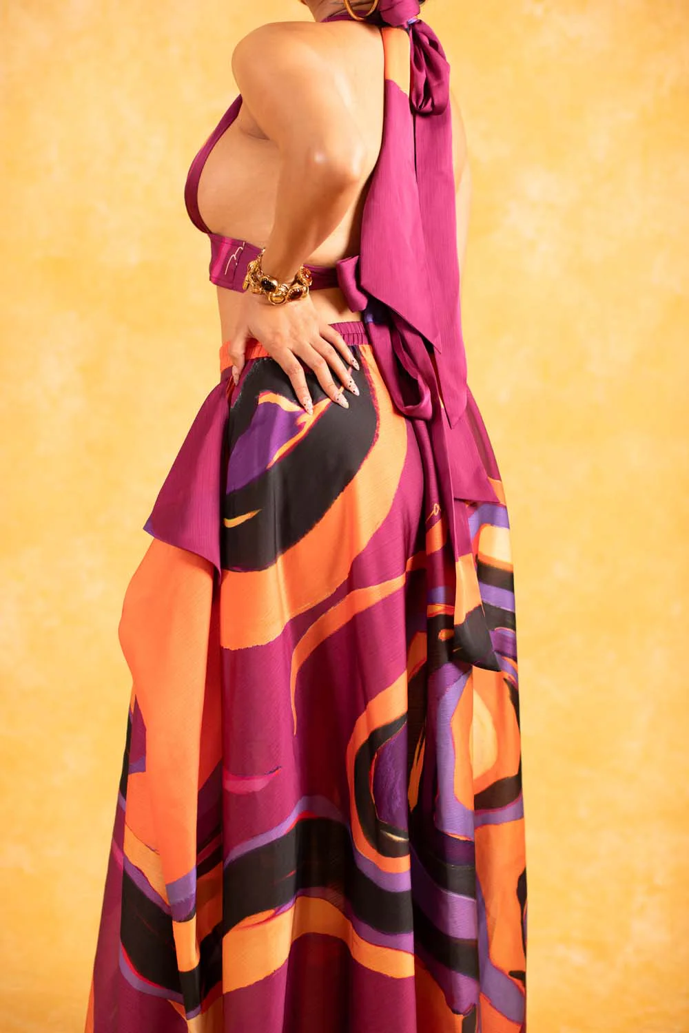 Indira Halter Silky Satin Printed Top - Isimi Print - Magenta - Image 2