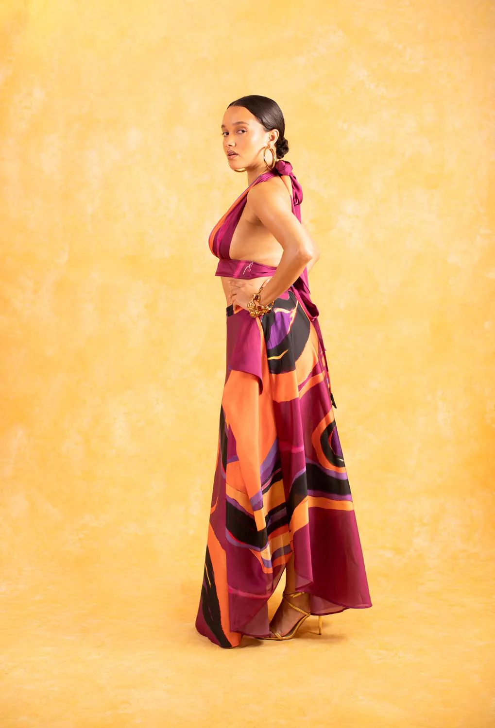 Indira Halter Silky Satin Printed Top - Isimi Print - Magenta - Image 4
