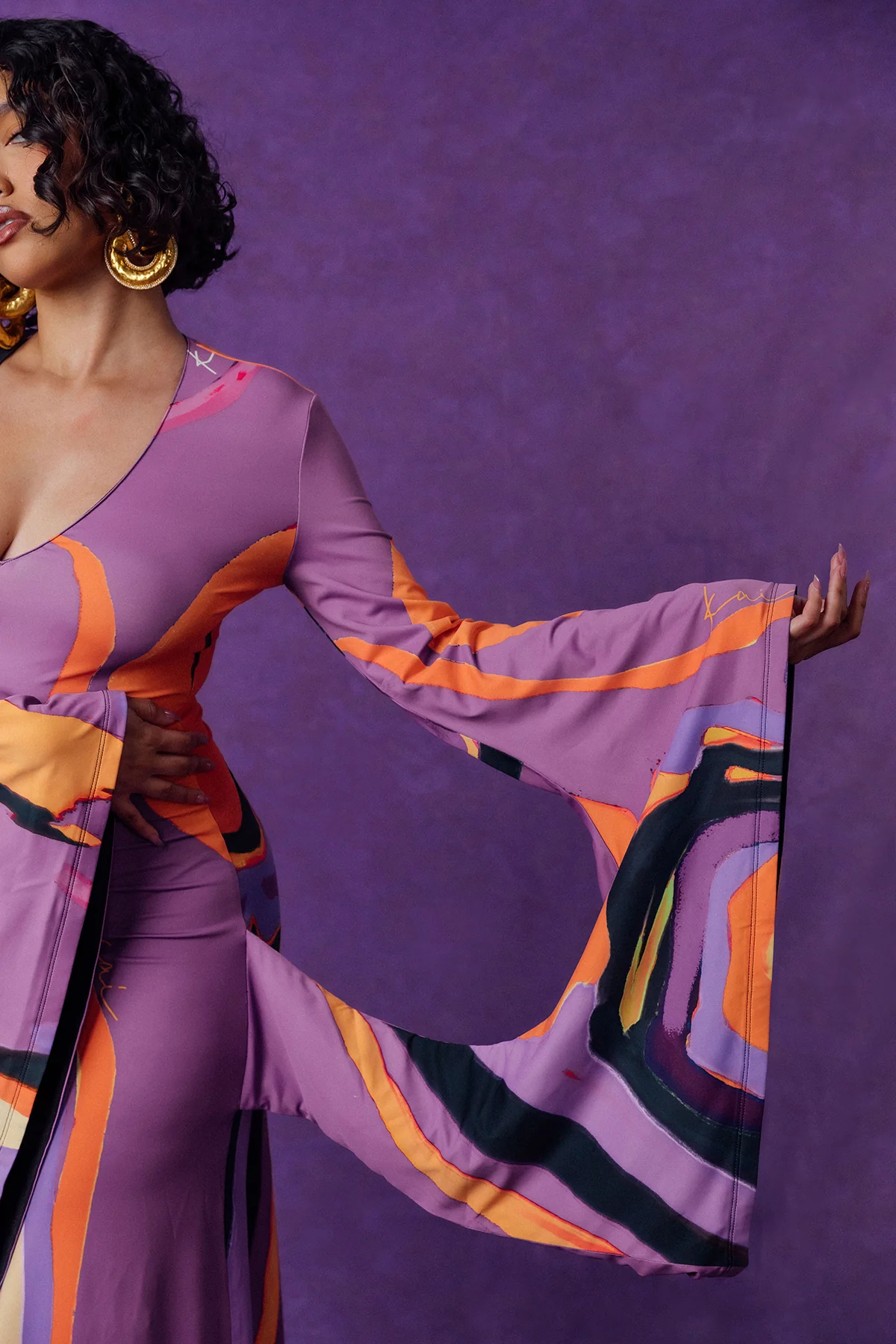 Isola Plunge Abstract Print Flared Drape Sleeve Dress - Image 3