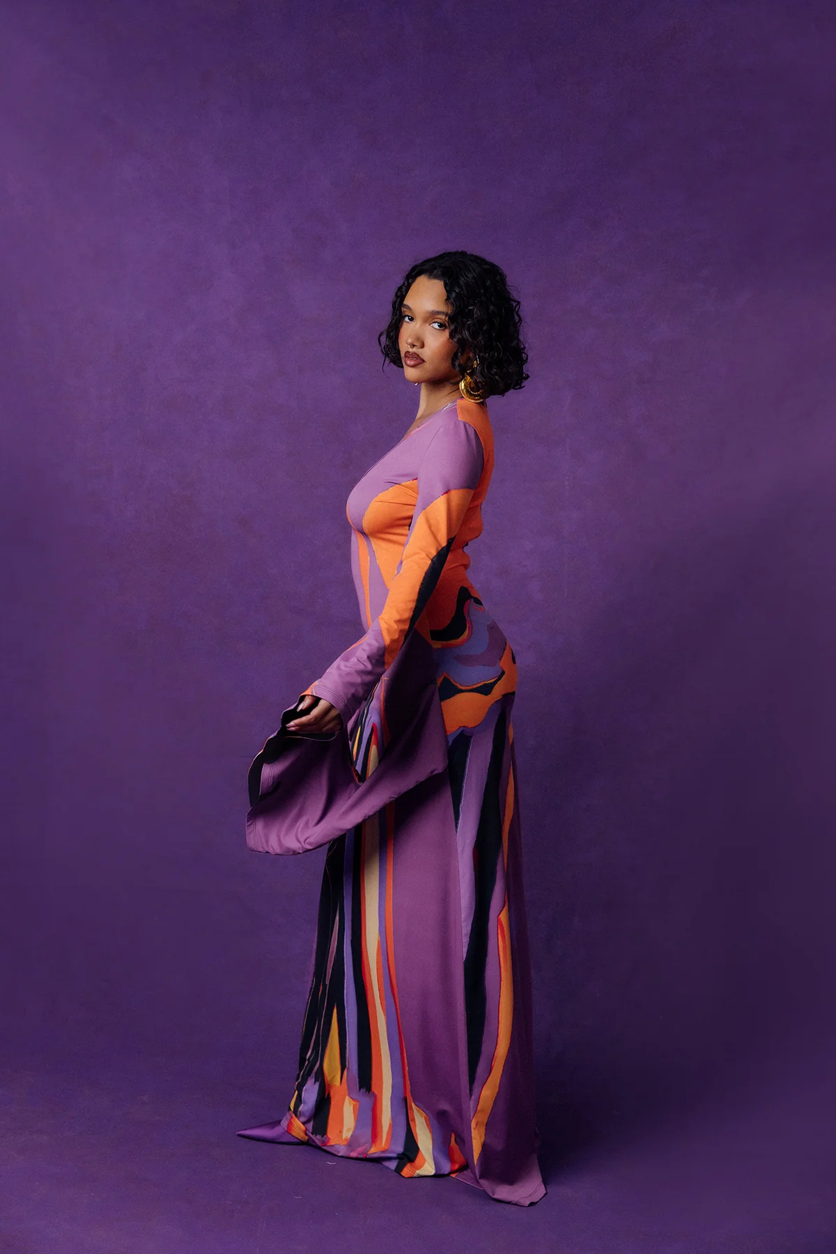 Isola Plunge Abstract Print Flared Drape Sleeve Dress - Image 4