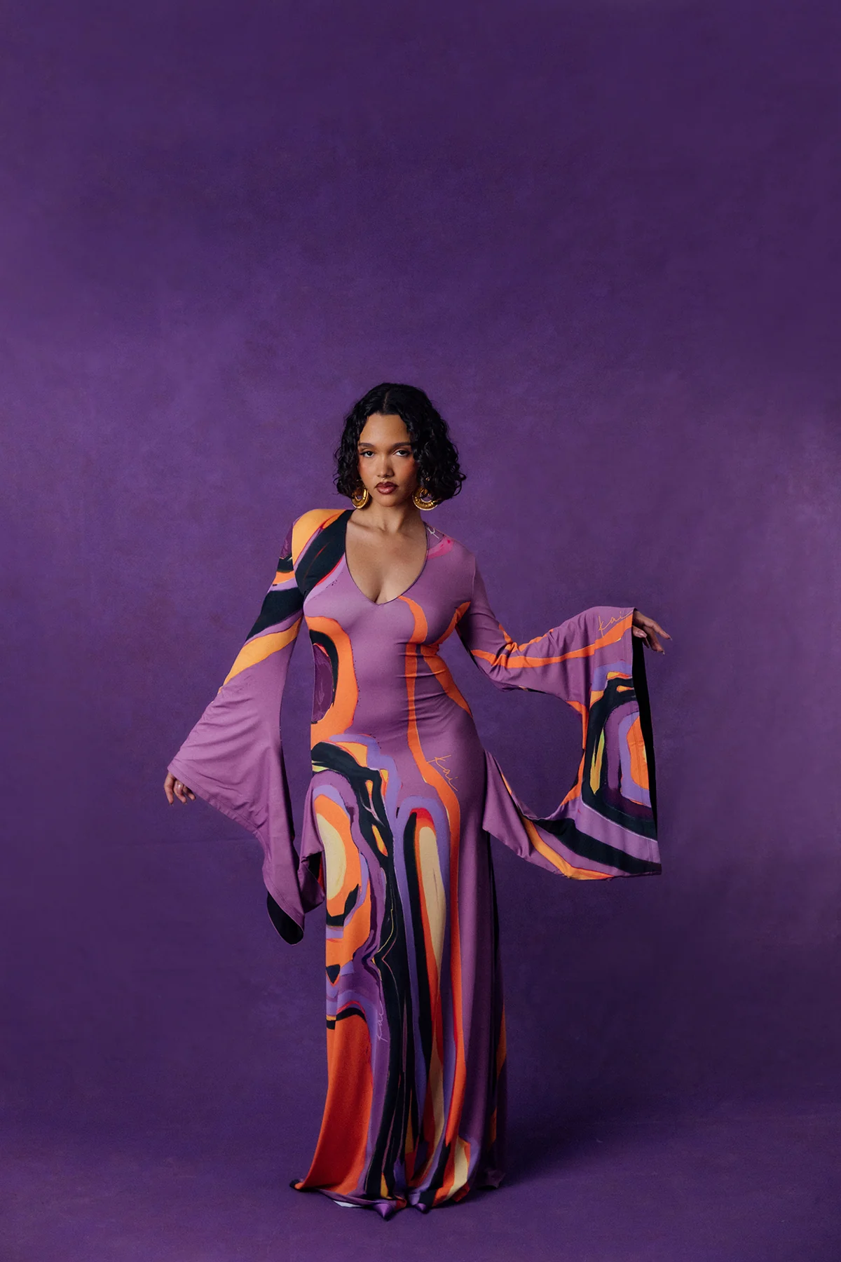 Isola Plunge Abstract Print Flared Drape Sleeve Dress - Image 5