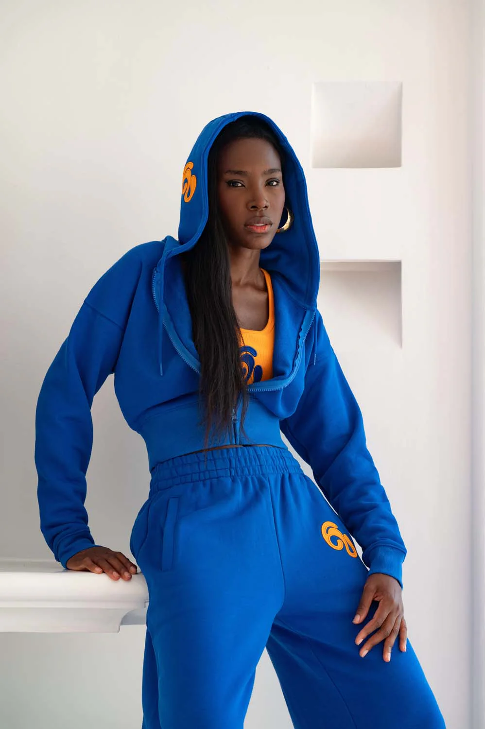 Kaia Logo Embroidered Cotton Zip Up Sweatshirt Cropped Hoodie - Cobalt - Image 5