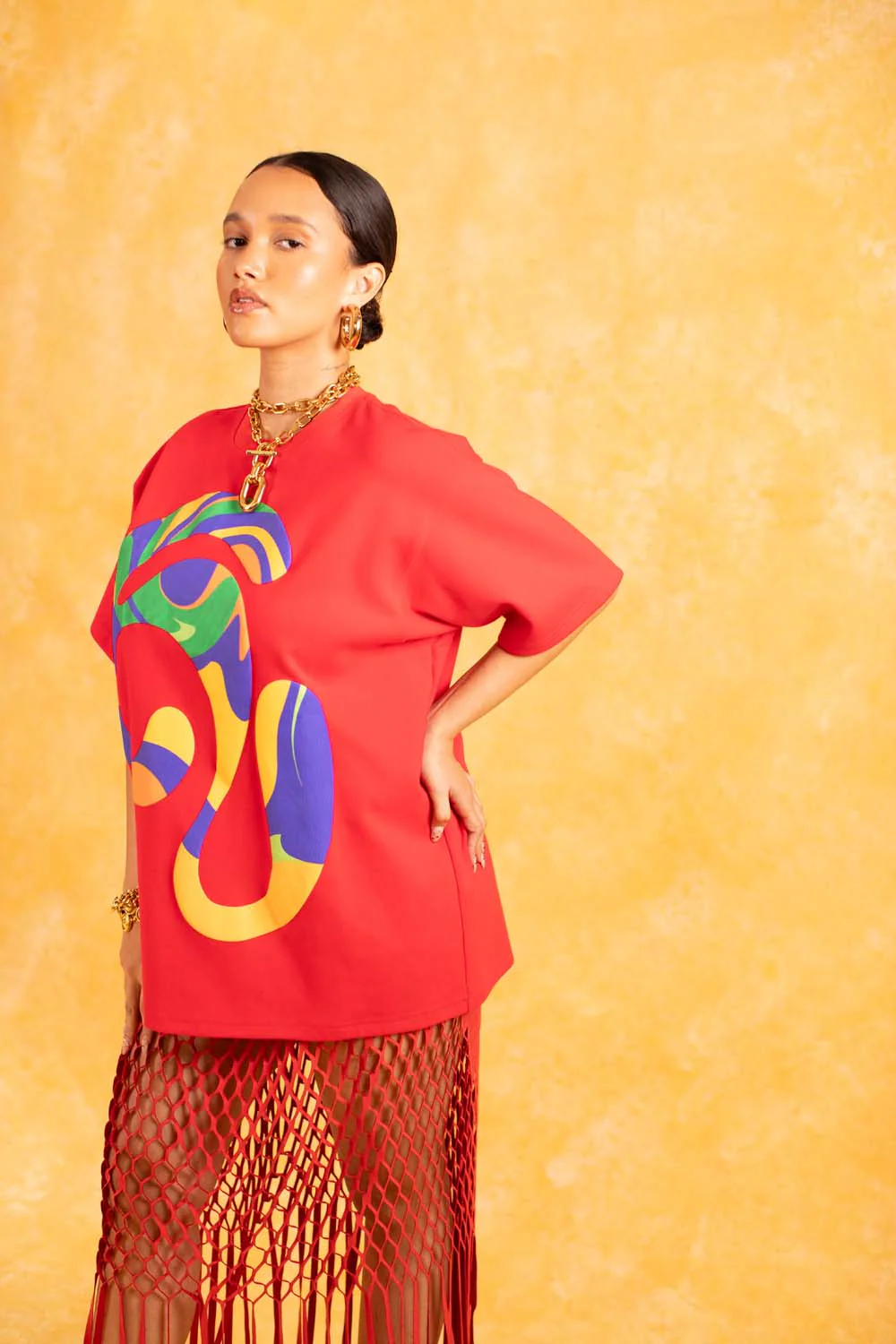 Kaili Oversized Cotton Logo Printed T-Shirt - Red - Image 3