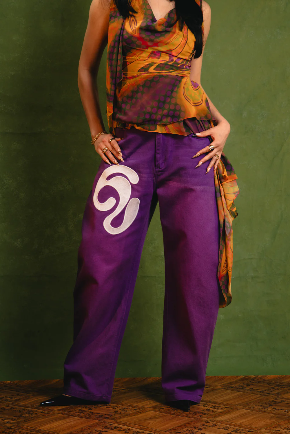 Khala Denim Barrel Leg Logo Embroidered Jeans - Purple - Image 10