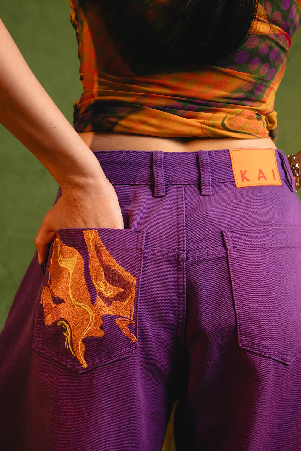 Khala Denim Barrel Leg Logo Embroidered Jeans - Purple - Image 2