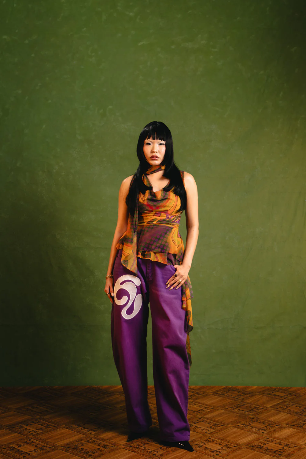 Khala Denim Barrel Leg Logo Embroidered Jeans - Purple - Image 3