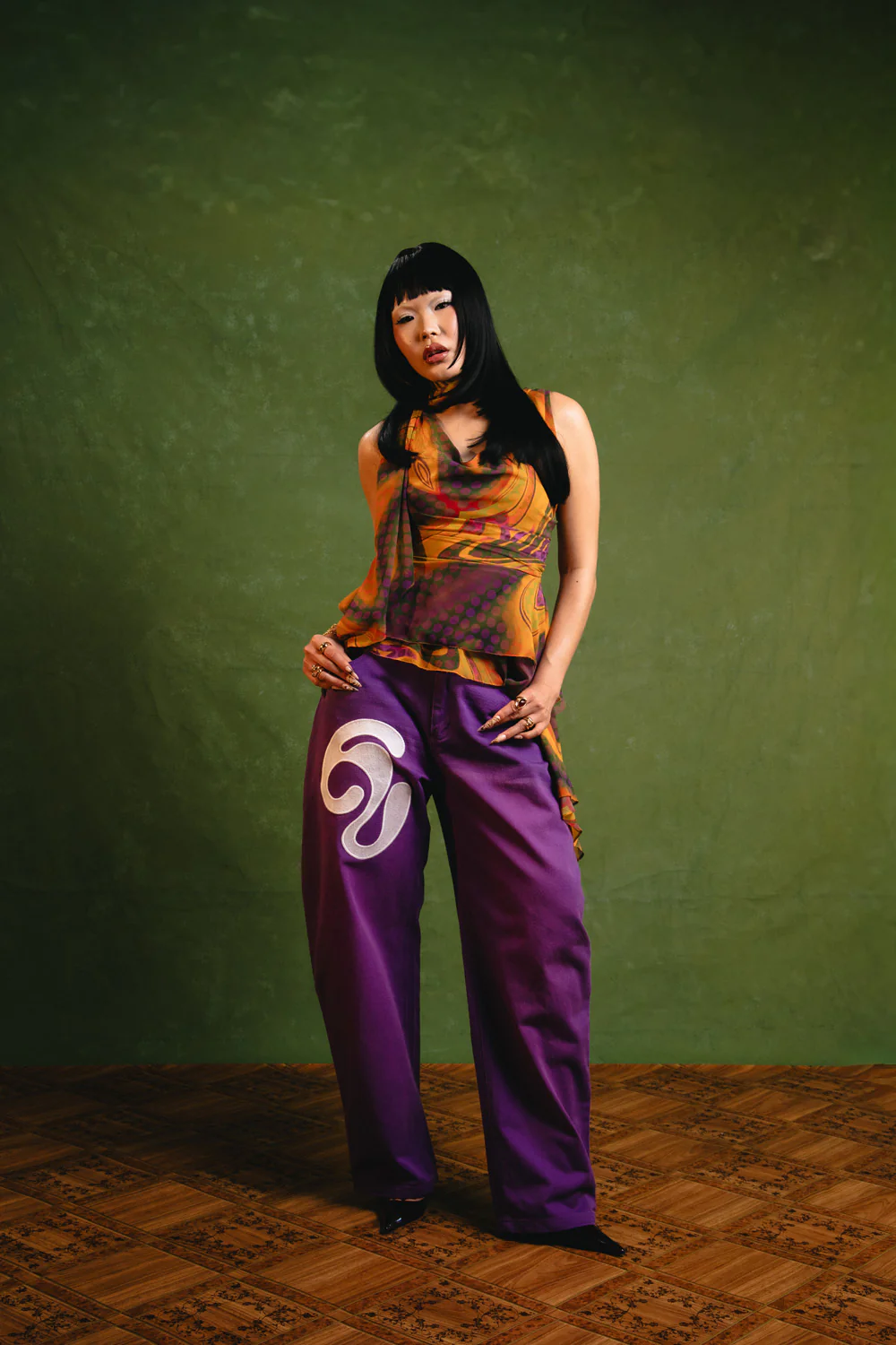 Khala Denim Barrel Leg Logo Embroidered Jeans - Purple - Image 9