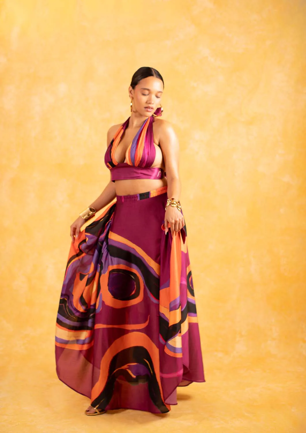Malia Ruched Silky Satin Printed Maxi Skirt - Isimi Print - Magenta - Image 3
