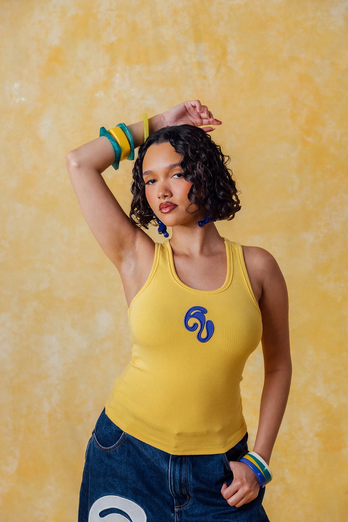 Nao Cotton Logo Embroidered Racer Back Vest Top - Yellow - Image 6