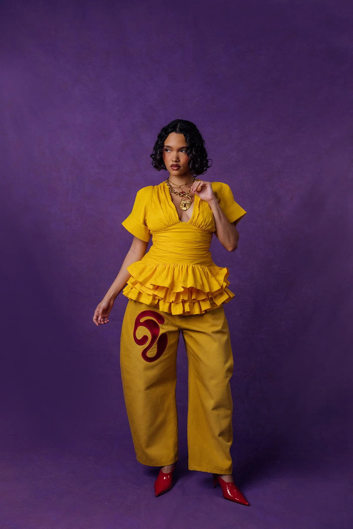 Rina Plunge Ruched Layered Ruffle Cotton Top - Yellow - Image 5