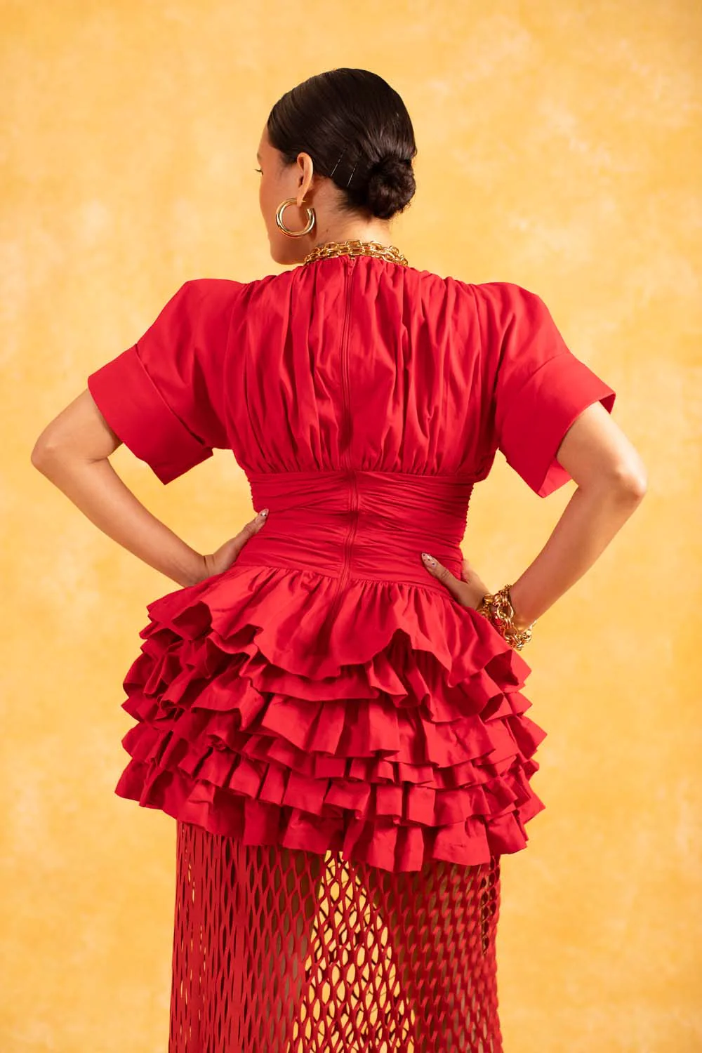 Rina Plunge Ruched Layered Ruffle Dress - Red - Image 3