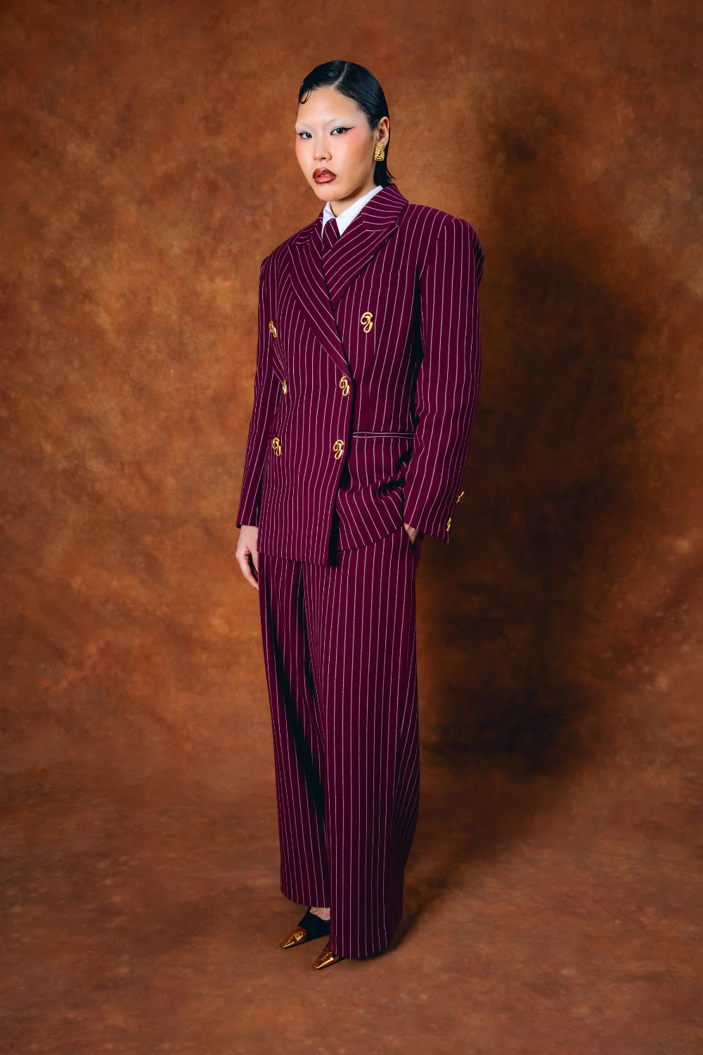 Robyn Double-Breasted Pinstripe Blazer - Bordeaux - Image 4