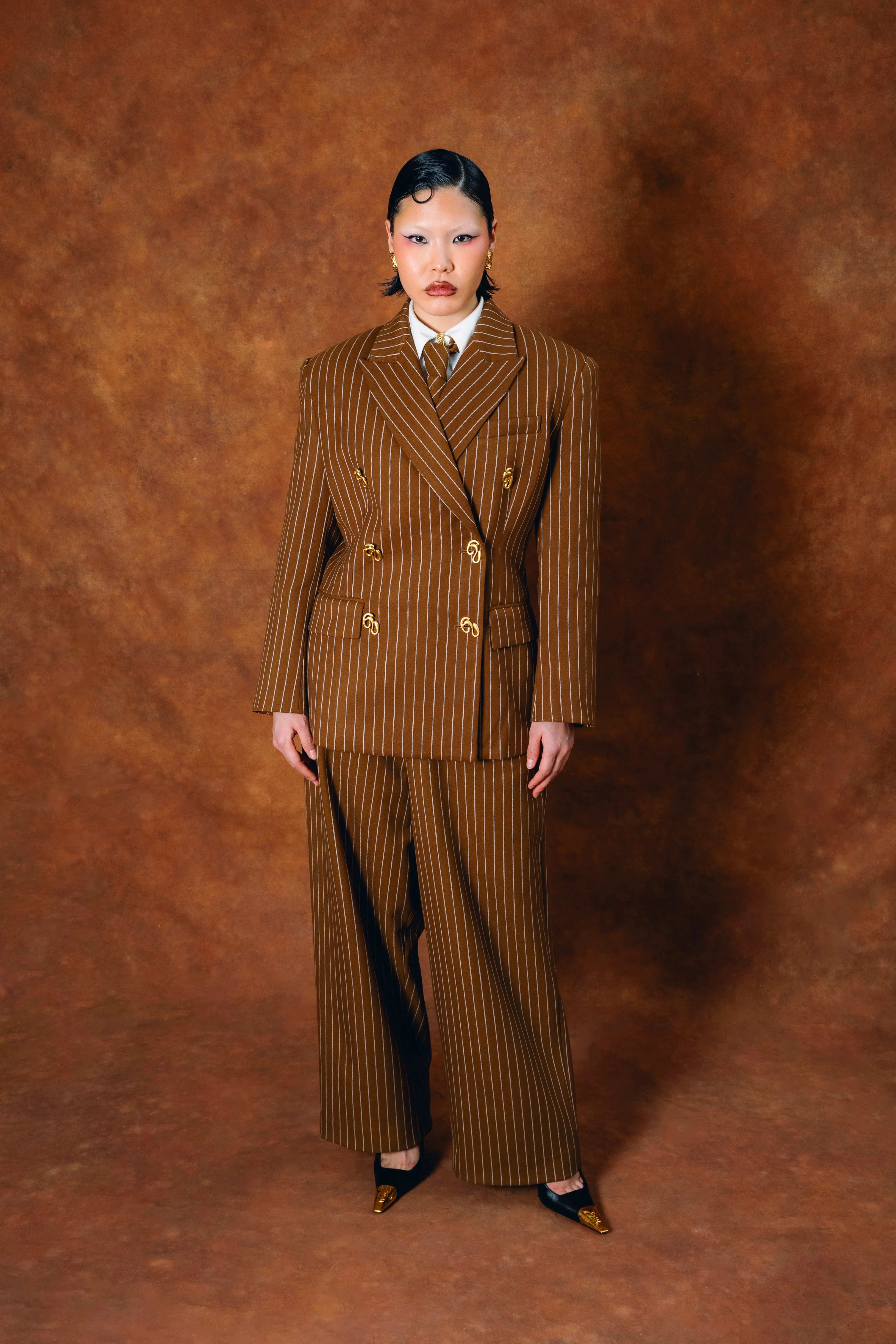 Robyn Double-Breasted Pinstripe Blazer - Caramel - Image 2