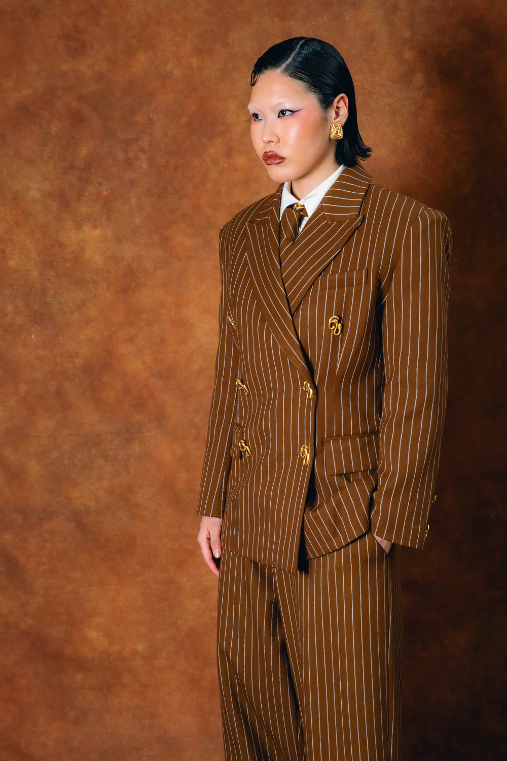 Robyn Double-Breasted Pinstripe Blazer - Caramel - Image 8