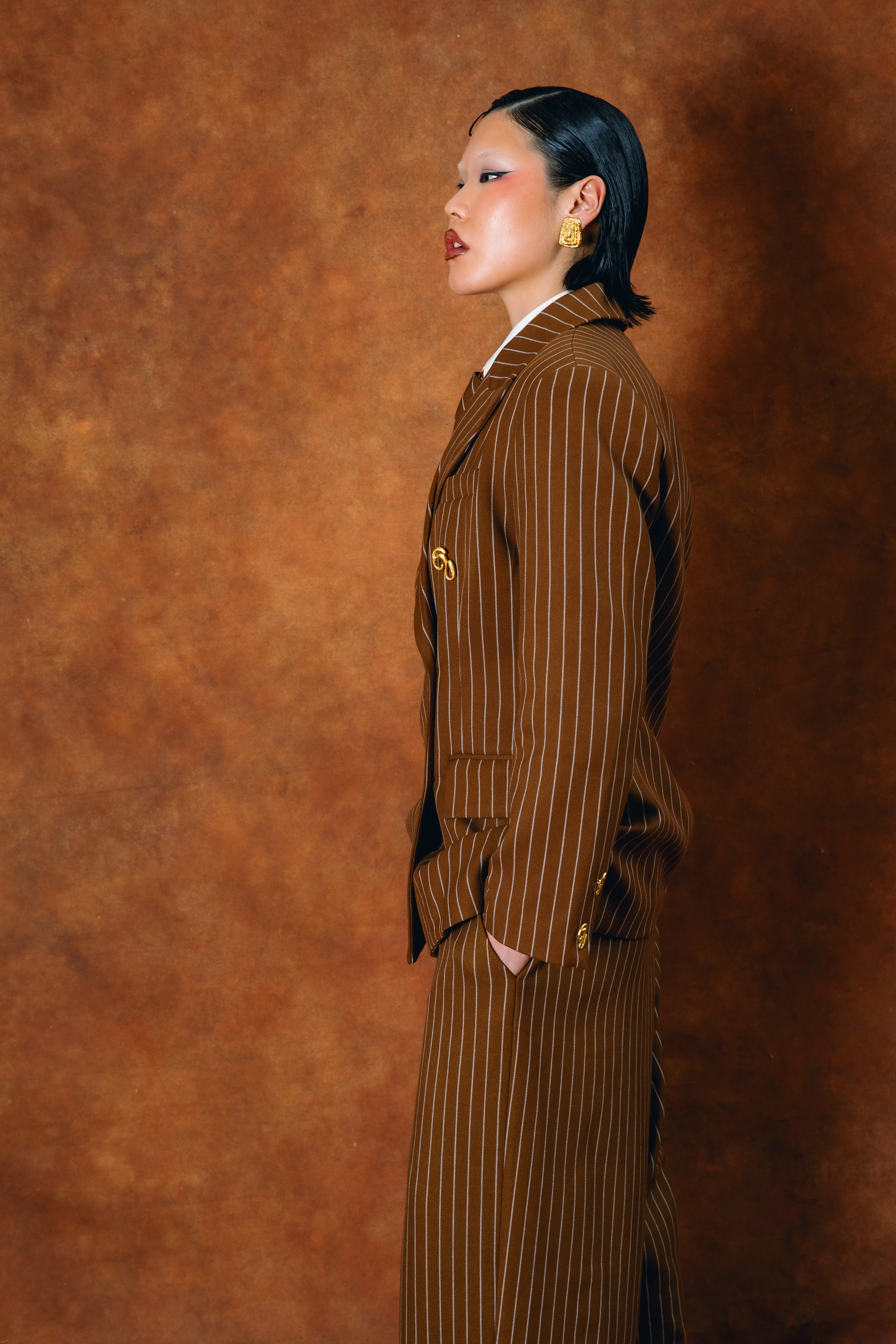 Robyn Double-Breasted Pinstripe Blazer - Caramel - Image 9