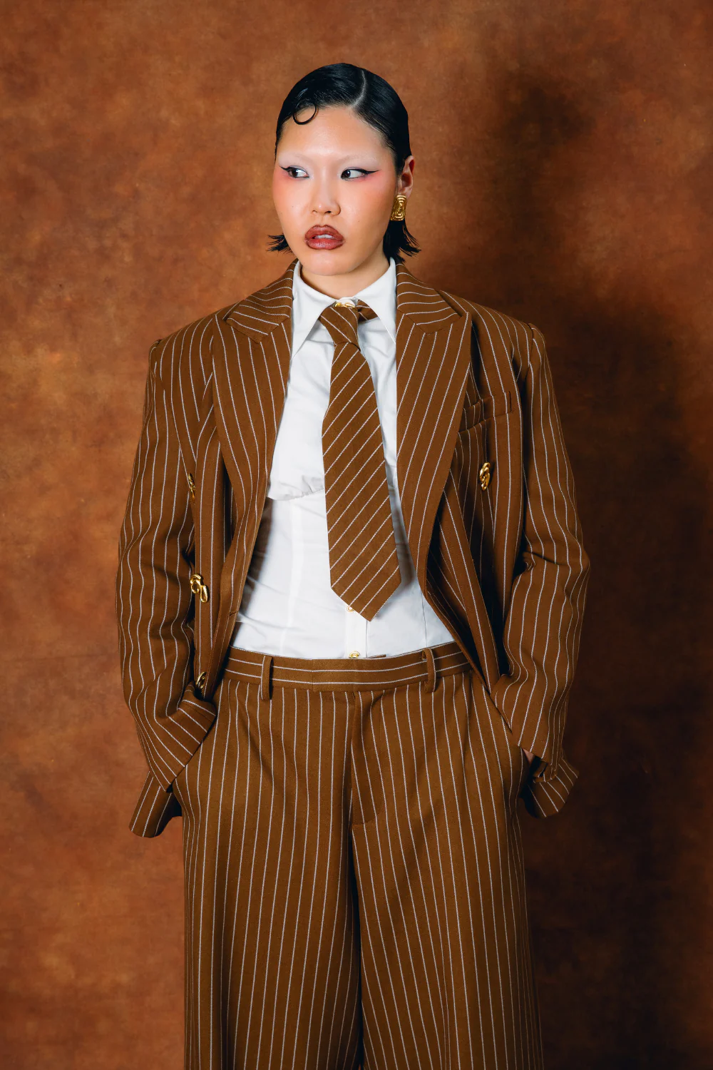 Robyn Pinstripe Trousers - Caramel - Image 3