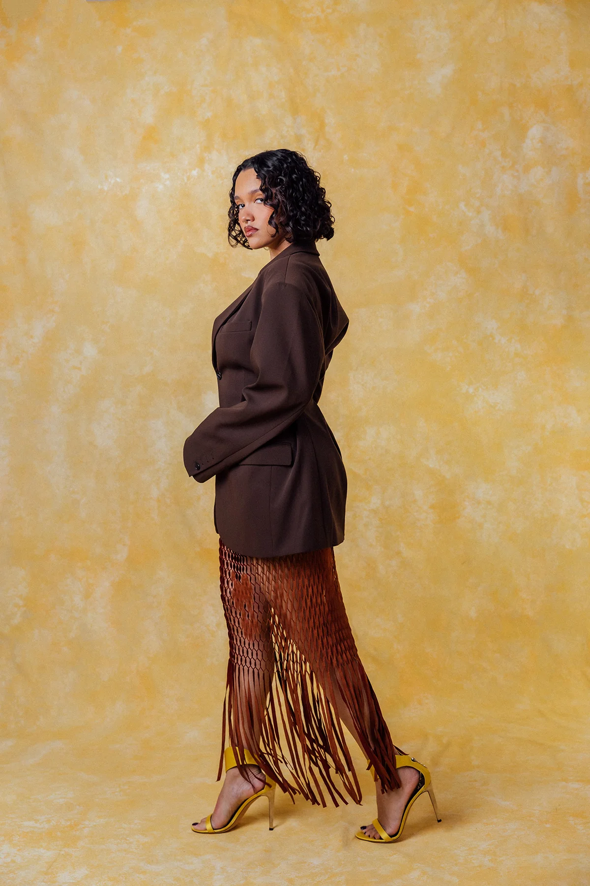Yumi Faux Suede Laser Cut Skirt - Brown - Image 10