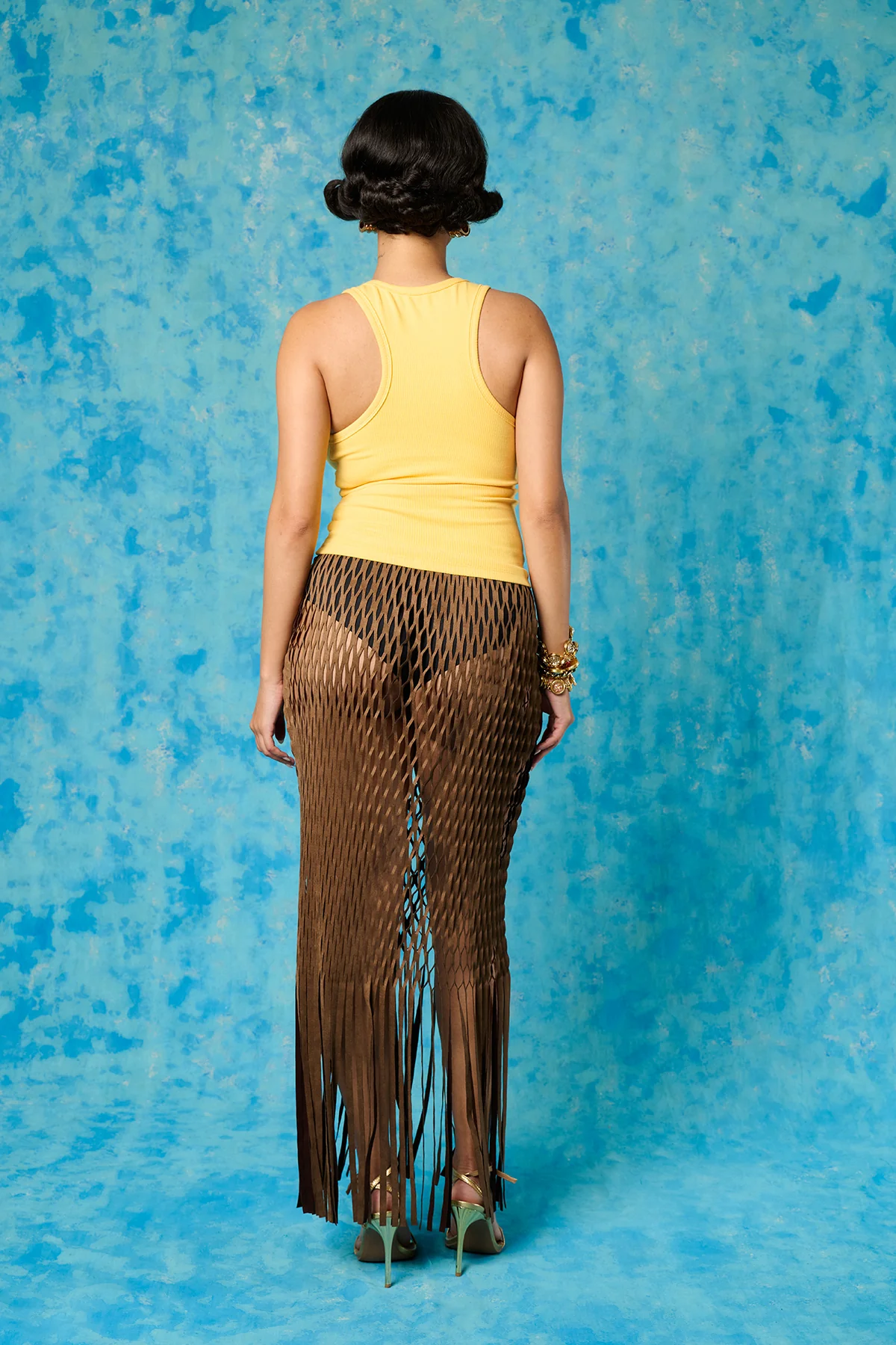 Yumi Faux Suede Laser Cut Skirt - Brown - Image 5