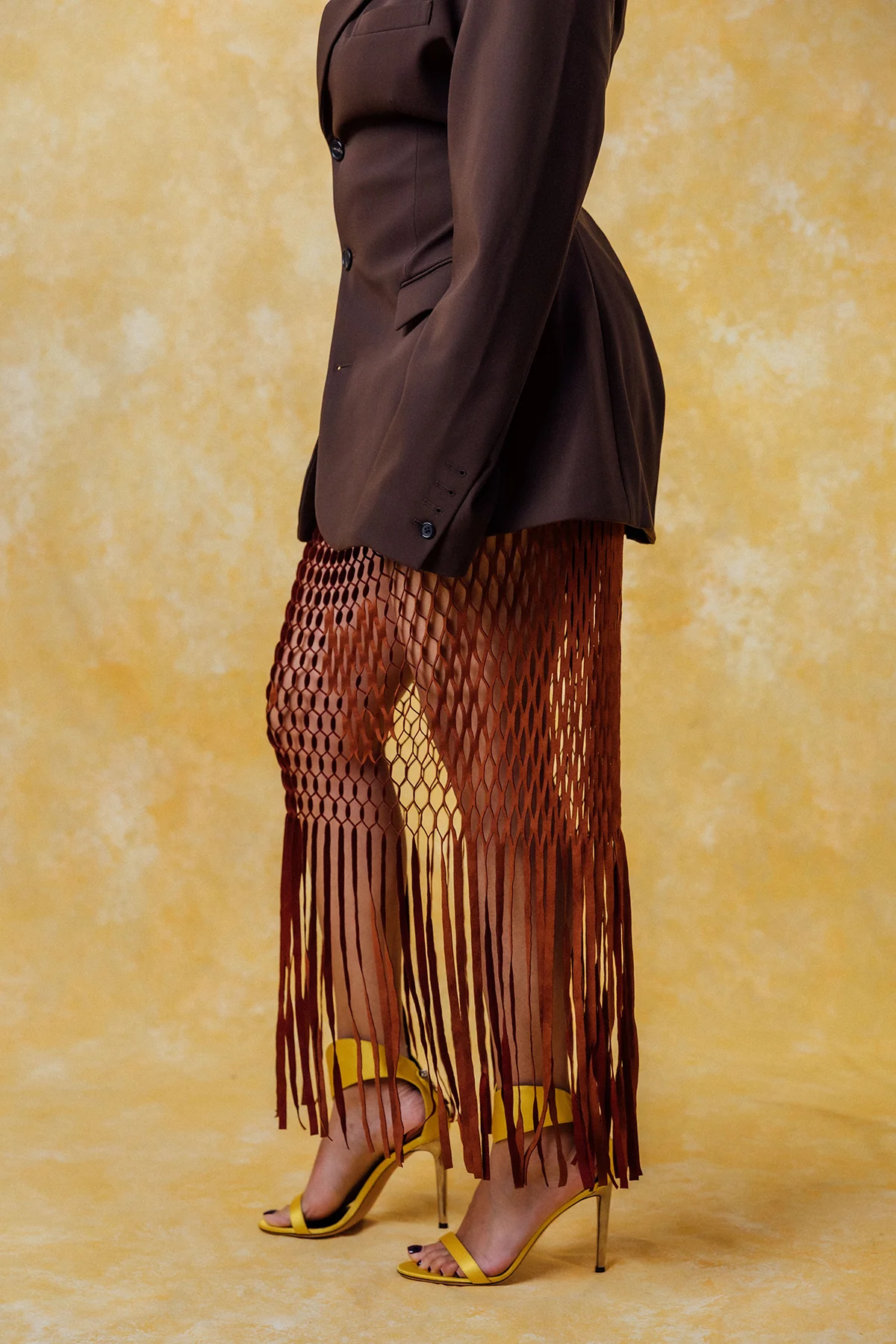 Yumi Faux Suede Laser Cut Skirt - Brown - Image 6