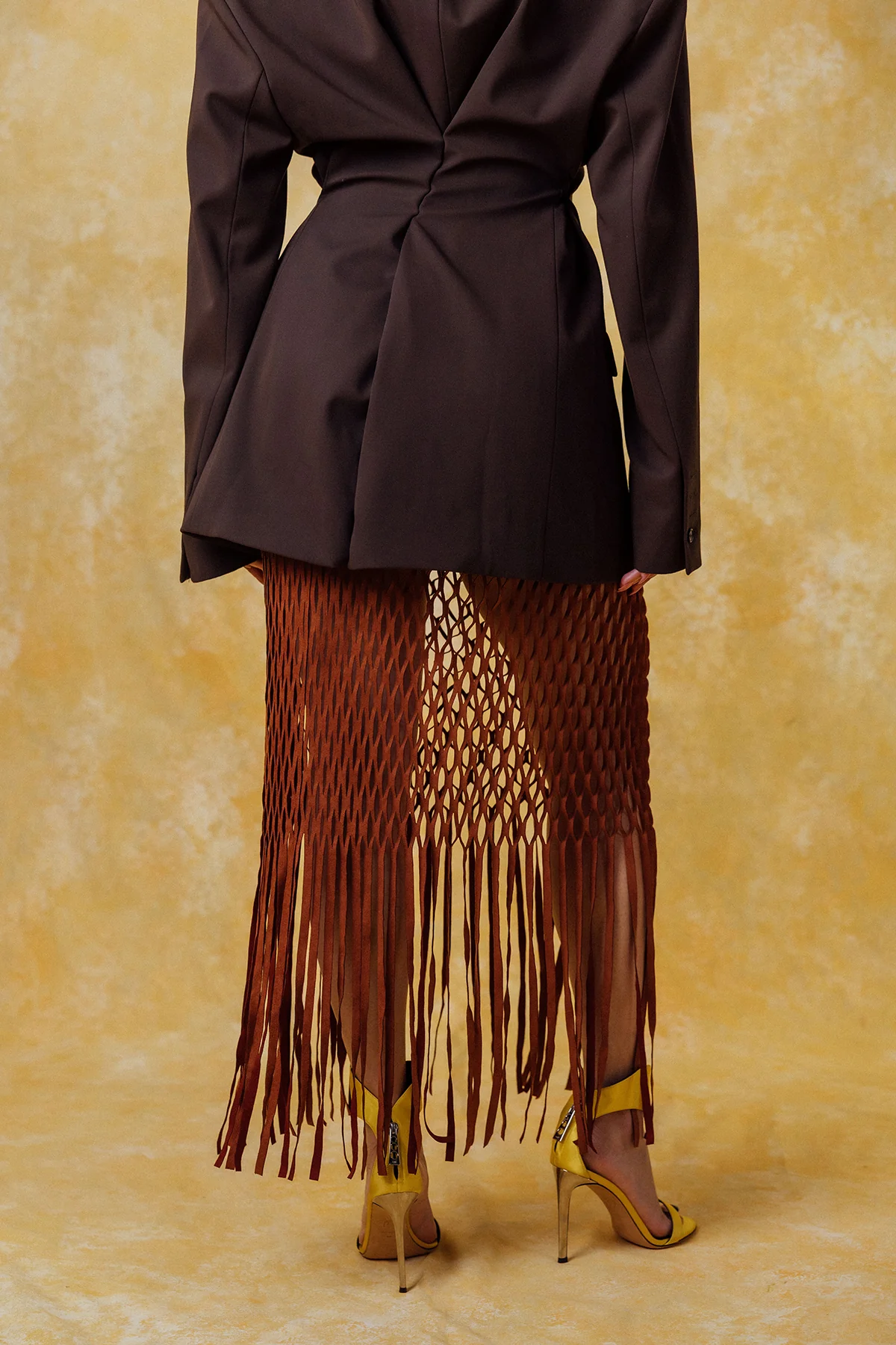 Yumi Faux Suede Laser Cut Skirt - Brown - Image 8