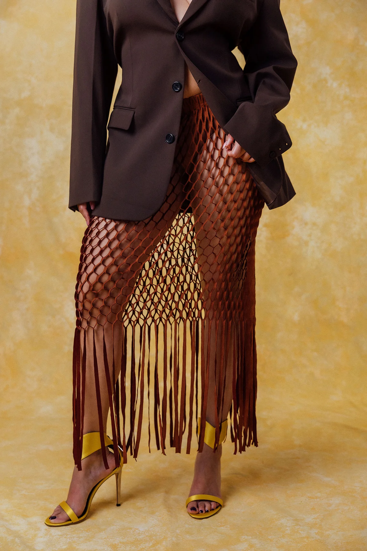 Yumi Faux Suede Laser Cut Skirt - Brown - Image 9