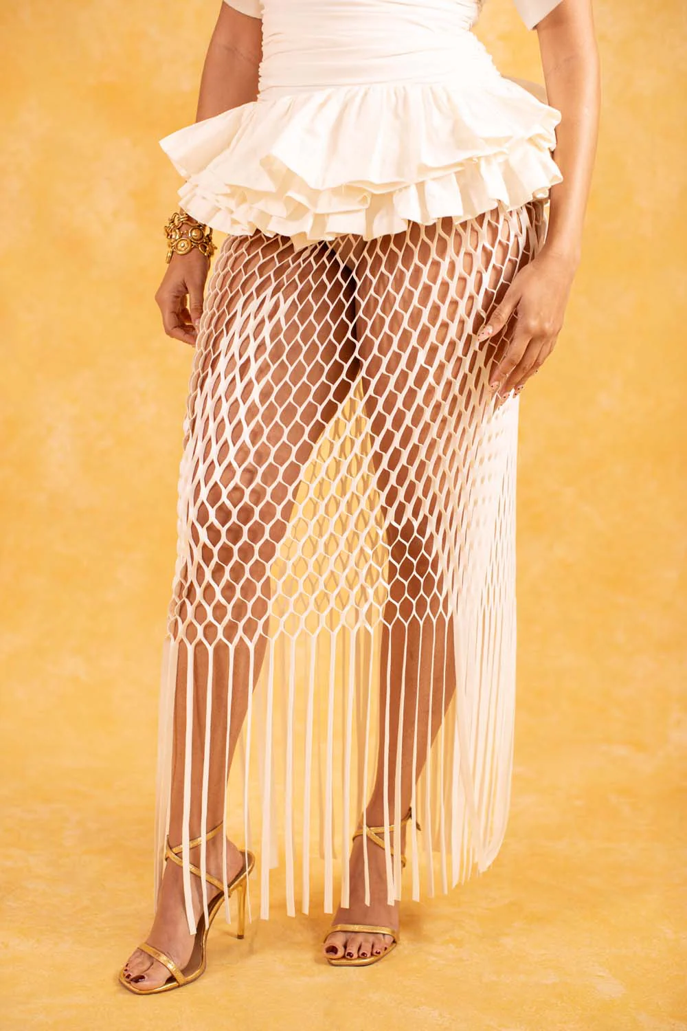 Yumi Faux Suede Laser Cut Skirt - White - Image 5