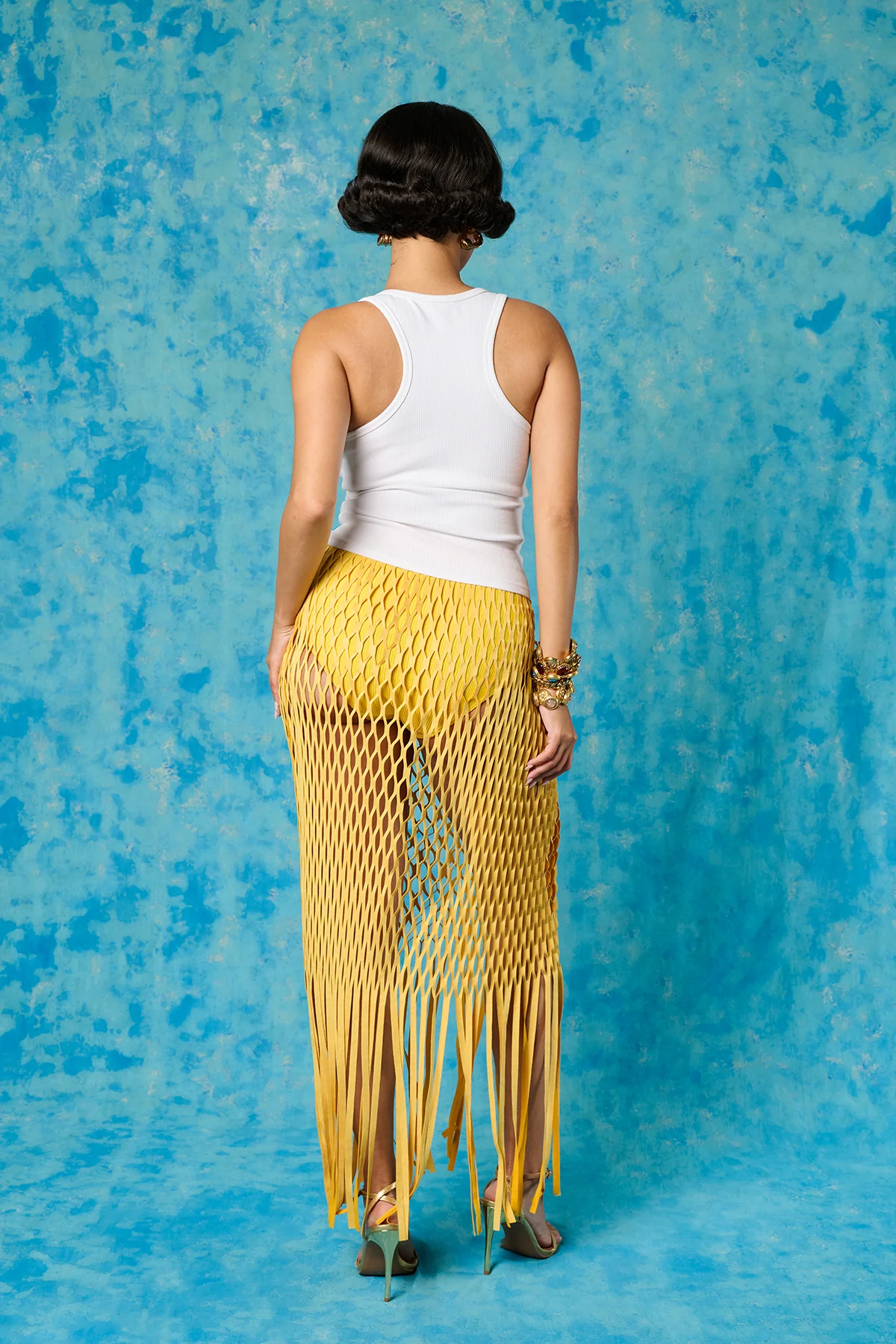 Yumi Faux Suede Laser Cut Skirt - Yellow - Image 5