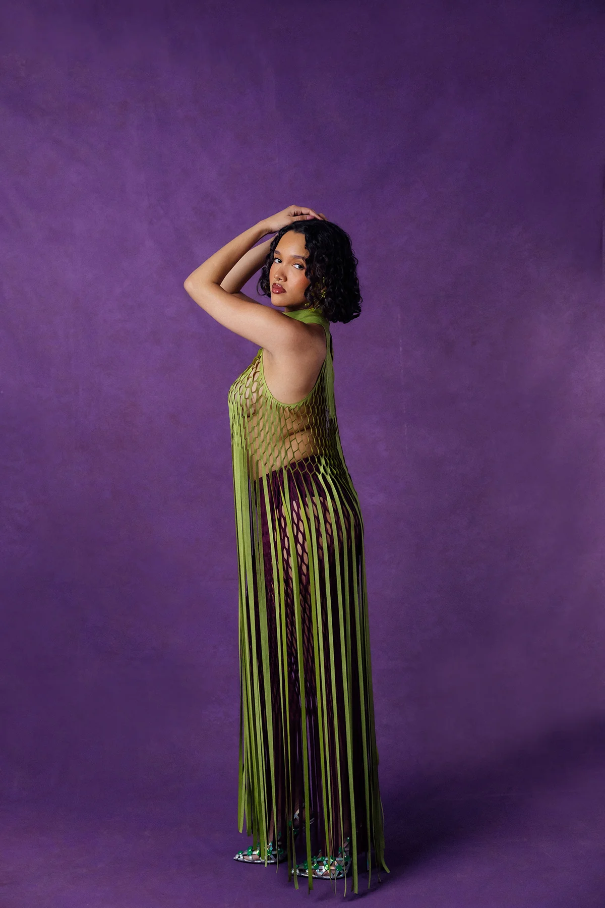 Yumi Faux Suede Laser Cut Top - Pear Green - Image 2