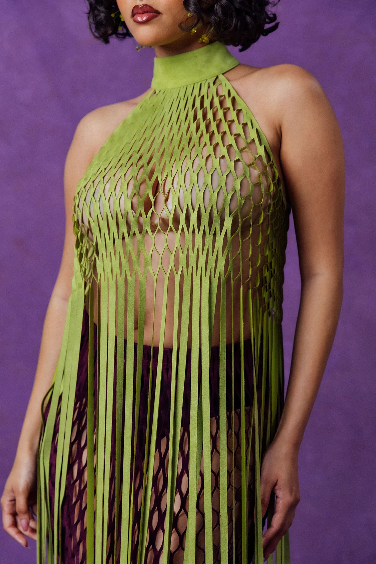 Yumi Faux Suede Laser Cut Top - Pear Green - Image 6